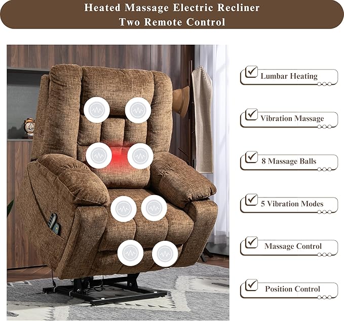 4-Motor Power Lift Chair with Heat & Massage - Power Adjustable Headrest, Backrest, Lumbar & Footrest - 27-inch Wide Seat Lay Flat Recliner, 8-Point Massage (Lumbar Heating)