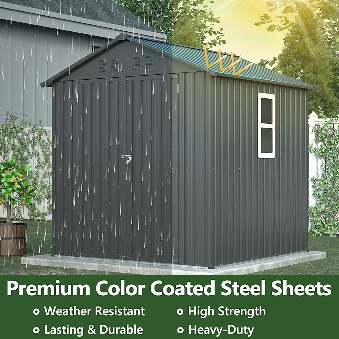 6x6FT Outdoor Storage Shed，Heavy-Duty Metal Storage with Floor Kit, Vents and Clear Window