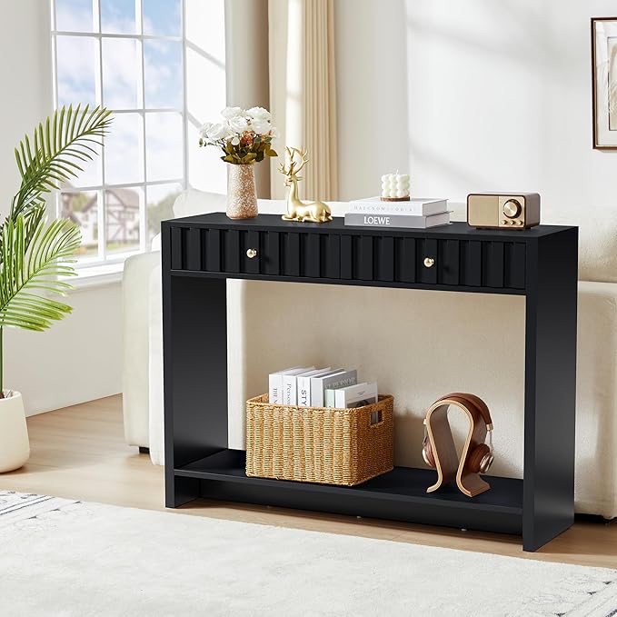 Console Table with Drawers, Narrow Mid-Century Fluted Entryway Table Sofa Table with Storage Shelf, Wood Entry Table Accent Behind Couch Table for Entrance, Hallway, Living Room (Black)