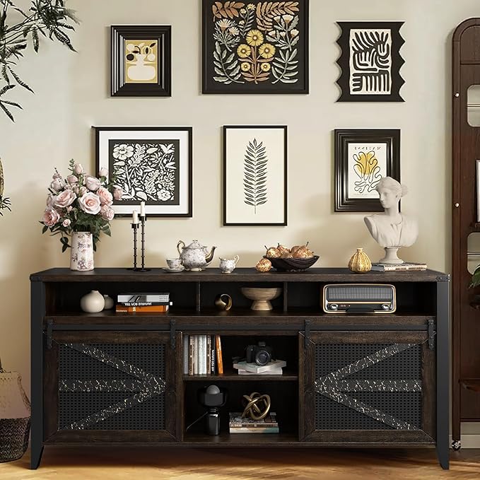 VFK 70 Inch TV Stand for TVs up to 70", Rustic Farmhouse Media Console with Sliding Barn Doors, 6 Drawers, Entertainment Center for Living Room