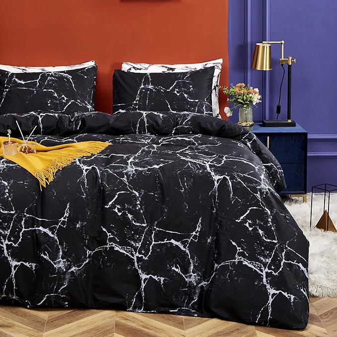 CLOTHKNOW Black White Grey Full Size Comforter Sets Marble Bedding Comforter Sets Soft All Season Black Comforters with 2 x Pillow Cases