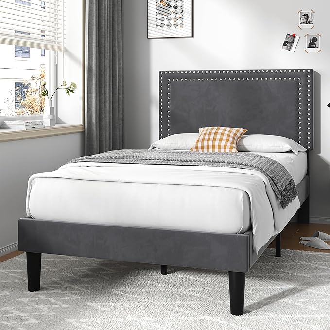 VECELO Twin Size Platform Bed Frame with Adjustable Upholstered Headboard, Strong Wood Slat Support, No Box Spring Needed, Easy Assembly