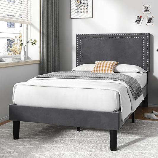 VECELO Twin Size Platform Bed Frame with Adjustable Upholstered Headboard, Strong Wood Slat Support, No Box Spring Needed, Easy Assembly