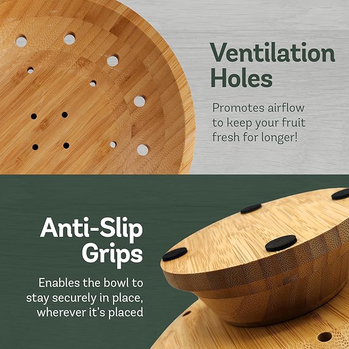 Fruit Basket Fruit Bowl for Kitchen Counter - Wooden Pedestal Bowl with Ventilation Holes, Decorative Bamboo Holder, Wooden Serving Frutero for Produce and Vegetable Storage, Wood Decorative Gift Idea