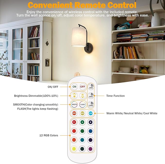 Battery Operated Wall Sconce Set of 2, Black Rechargeable Wireless Wall Light Fixture with Remote, 12 RGB Colors & Timer, Indoor Dimmable Wall Lamp with Linen Shade