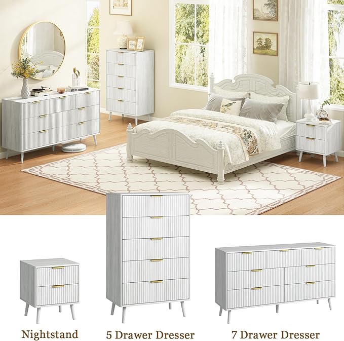 CARPETNAL Fluted 7 Double Drawers White Dresser for Bedroom, 55”Wide Modern Chest of Drawers with Deep Drawers,Wood Drawer Organizer for Bedroom Living Room, Hallway, White