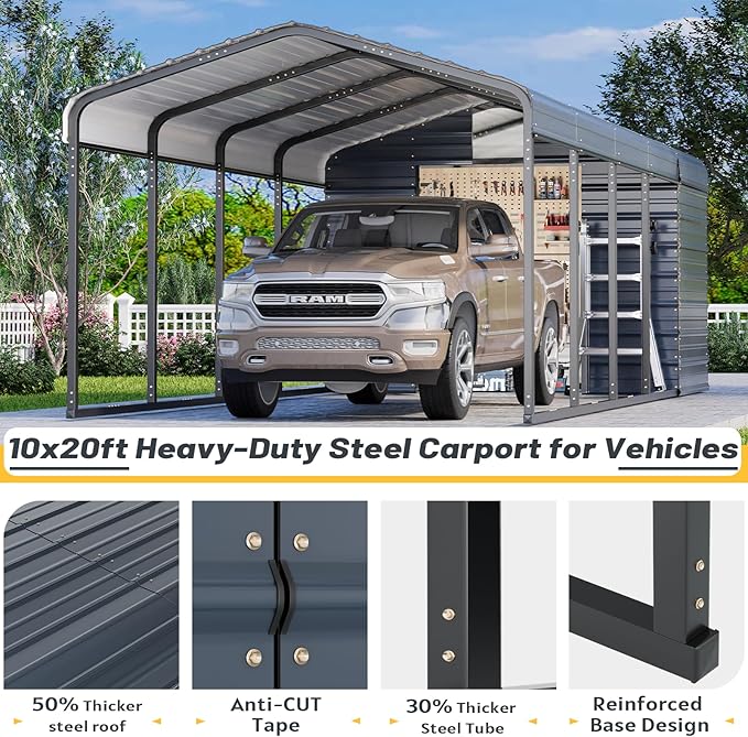 EROMMY 10x25 FT Carport Storage Shed 2-in-1, Heavy Duty Car Port with Galvanized Metal Frame, Base-Reinforced Enclosed Storage Shelter, Extended Coverage for Trucks, Cars & All Vehicles, Gray