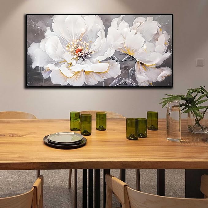 White Flower Wall Decor - Canvas Wall Art for Bedroom Women - Black Framed Wall Art Size 29" x 59"