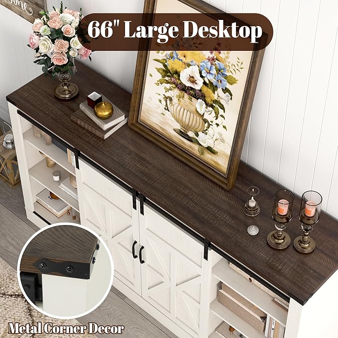 66" Farmhouse TV Stand for 75 Inch TV, 33" Tall Entertainment Center with Power Outlets & Sliding Barn Door, Wood TV Stand with Storage, TV Media Console for Living Room, Antique White