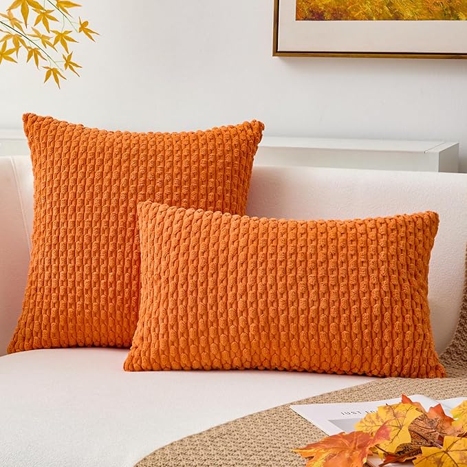 Kevin Textile Fall Pack of 2 Corduroy Decorative Throw Pillow Covers 22x22 Inch Soft Boho Striped Pillow Covers Modern Farmhouse Home Decor for Spring Sofa Living Room Couch Bed Orange