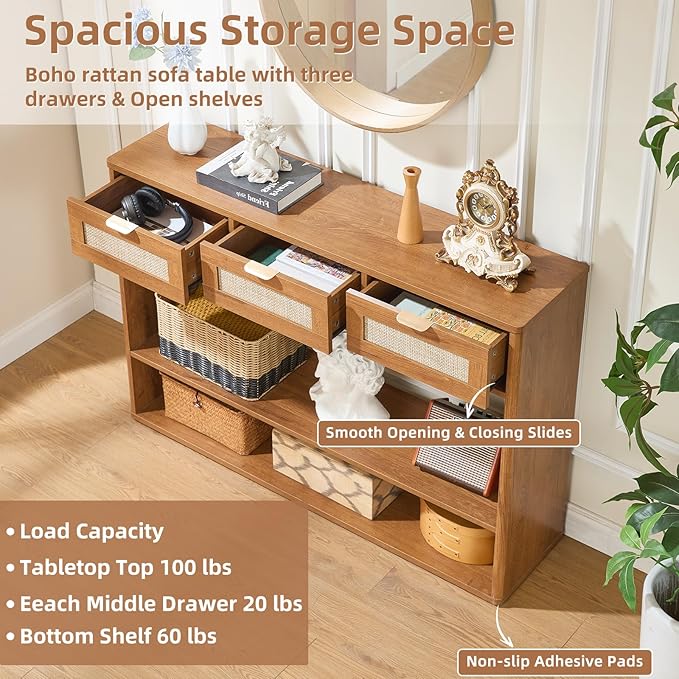 LEYAOYAO 48" Boho Rattan Console Table with 3 Drawers, 3 Tier Wooden Entryway Table with Open Storage Shelf, Narrow Long Behind Couch Sofa Tables for Living Room, Hallway, Entrance, Brown