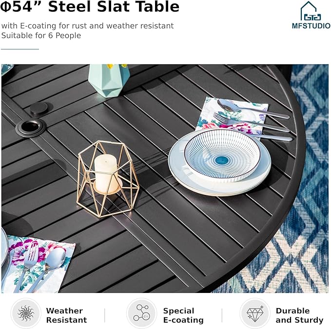 MFSTUDIO Patio Dining Set for 6, Round Patio Table and Chairs Set with Umbrella Hole, 7 Piece Outdoor Patio Furniture Set for Deck, Backyard, Poolside & Garden