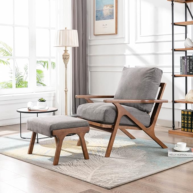 Wahson Mid Century Arm Chair and Ottoman Set, Upholstered Accent Armchair with Wood Frame and Canvas Cushions, Leisure Slipper Chair for Living Room/Bedroom, Grey