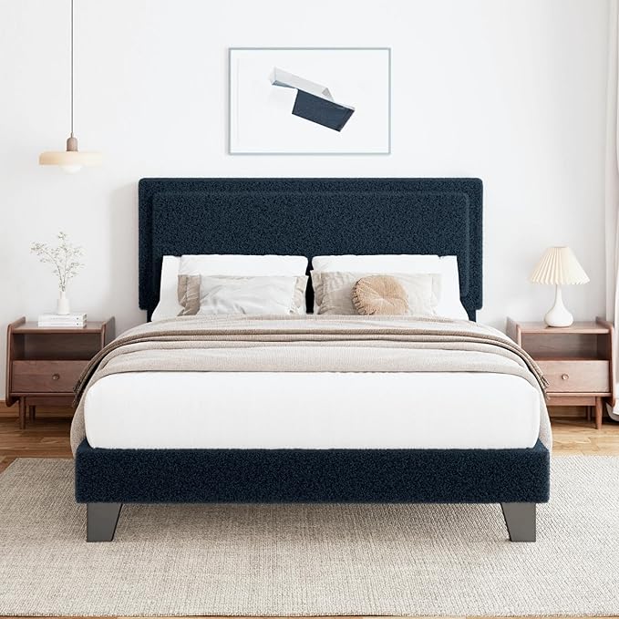 Queen Size Boucle Bed Frame, Upholstered Platform Cloud Bed Frame with Headboard, Soft Teddy Fabric, Modern Style, No Box Spring Required, Easy Assembly, Blue-Black