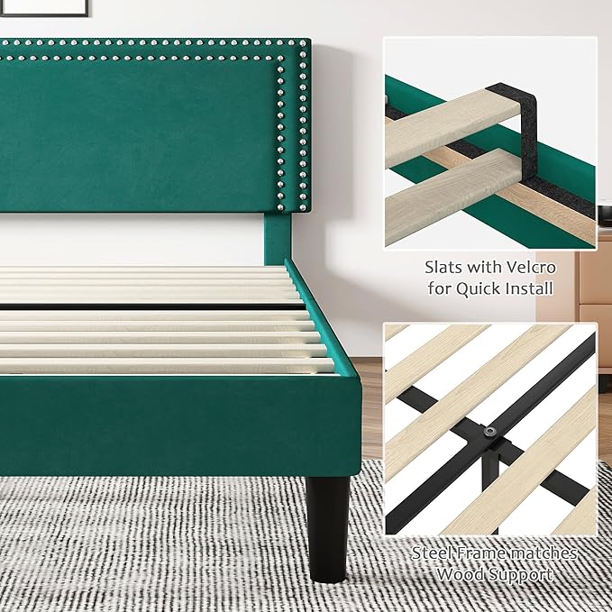 VECELO Full Size Bed Frame with Adjustable Upholstered Headboard, Wooden Slats Platform, Noise-Free Design, Easy Assembly