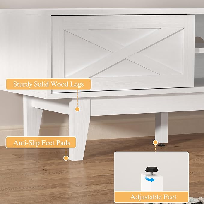 Wooden TV Stand for 55 65 70 inch TV, Long & Large TV Media Console Table with Storage Cabinets, Boho Farmhouse Entertainment Center for Living Room, Bedroom - White