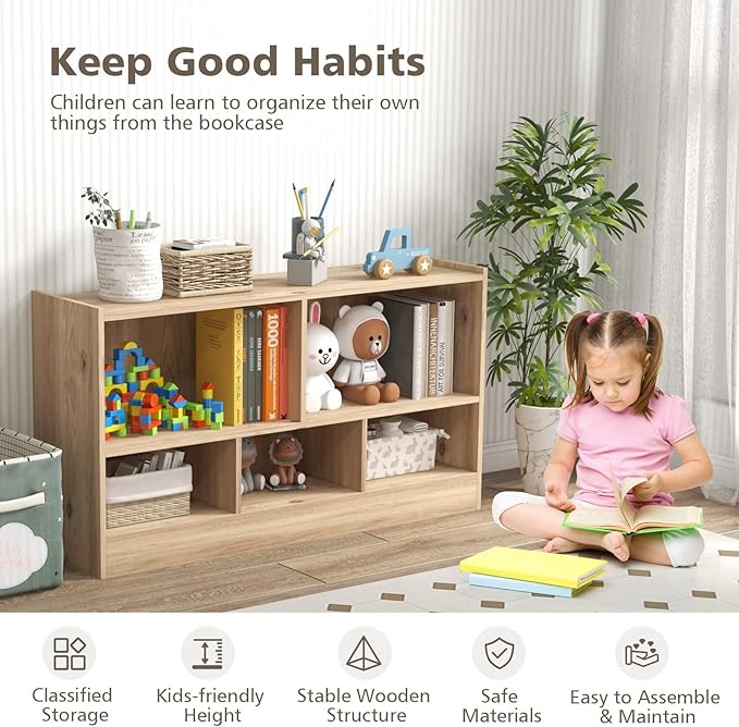 Toy Storage Organizer, 2-Tier Kids Bookshelf, 5 Cube Kids' Bookcases, Cabinets & Shelves, Wooden Toy Organizers, Small Book Shelf for Bedroom, Playroom, Classroom, Nursery (Natural)