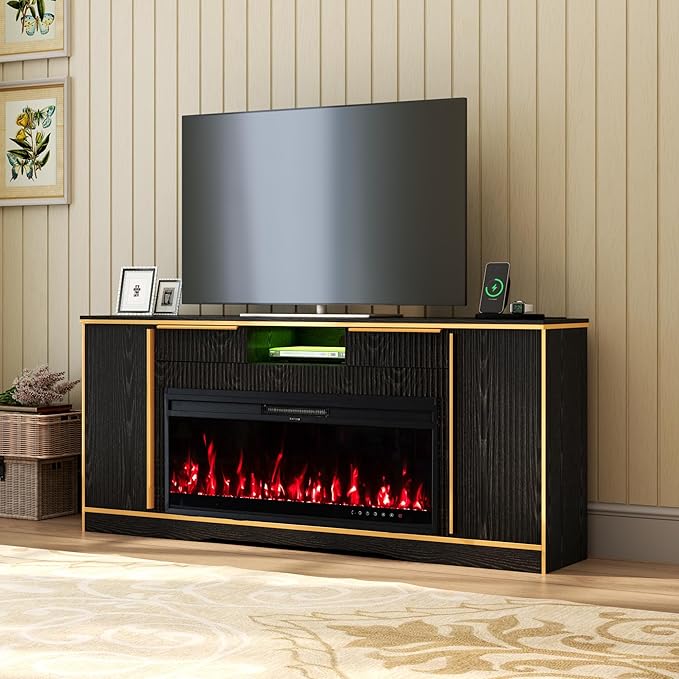 COCO DESIGN Fireplace TV Stand up to 80" TVs, 42" Electric Fireplace TV Console with Crystal Stone, Colorful LED Lights Entertainment Center with Remote Control, Black