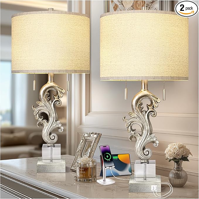 Scenekoy Vintage Table Lamp Set of 2 for Bedroom Living Room, 26.75” Silver Leaf Sculptural Night Stand Bedside Lamps with USB Ports, Rustic Nightstand Lamp Line Shade for Home Decor (Bulbs Included)
