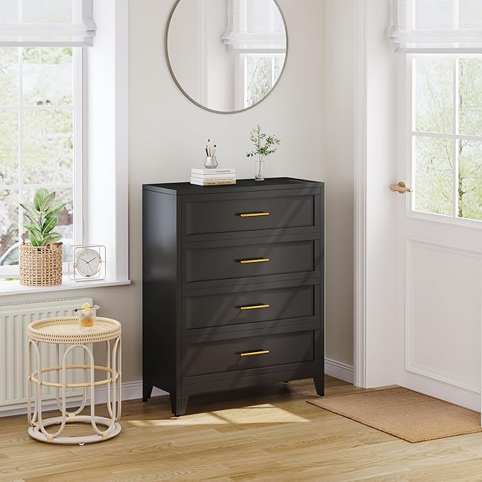 Metal Dresser Tall Black Dresser for Bedroom Chest,43.11" H Drawer Chest, Closet Dressers & Chests of Drawers for Living Room, Hallway (4 Drawers)