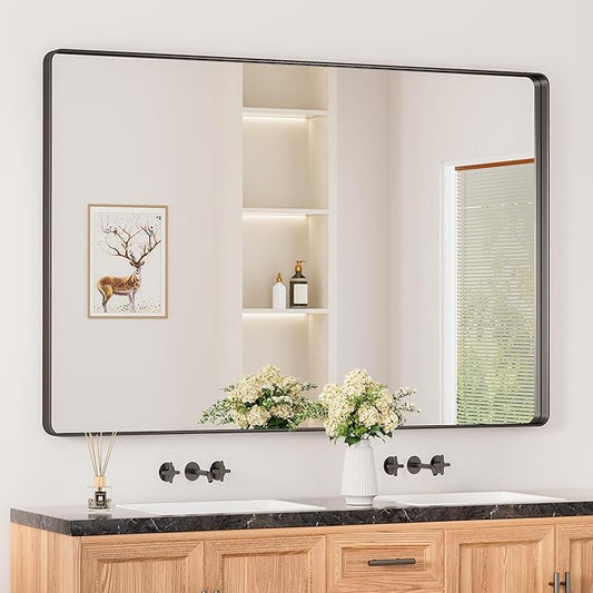Keonjinn Black Bathroom Mirror for Over Sink, 60 x 40 Inch Large Rounded Rectangle Bathroom Vanity Mirror, Matte Black Farmhouse Wall Mirror, HD Tempered Glass, Seamless Aluminum Alloy Frame Mirror
