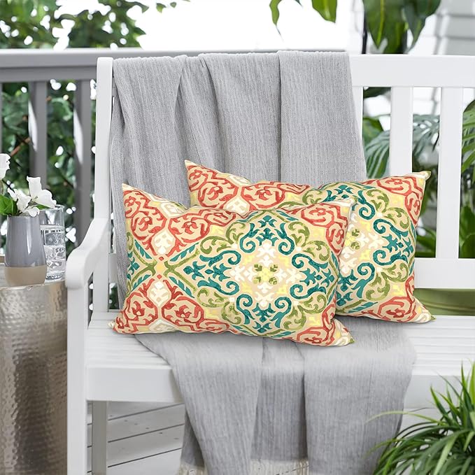 Pack of 2 Outdoor Lumbar Pillow Covers, All Weather Cushion Pillow Cases 12x20 Inch, Pillowcase for Patio Couch Decoration, Geometric Orange