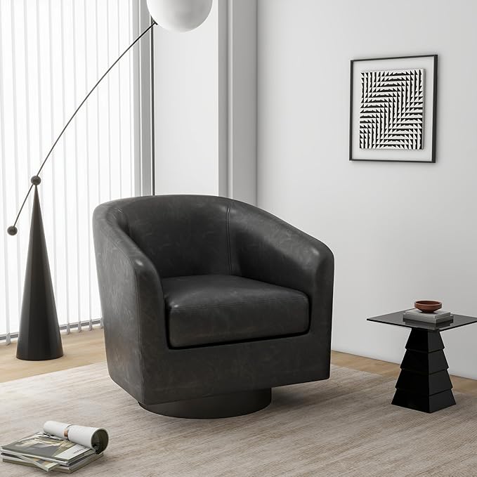 Swivel Barrel Accent Chair, Modern Round Faux Leather Arm Chair for Living Room, Bedroom, Comfy Club Reading Chairs for Adults (Faux Leather, Black Grey, Set of 2)