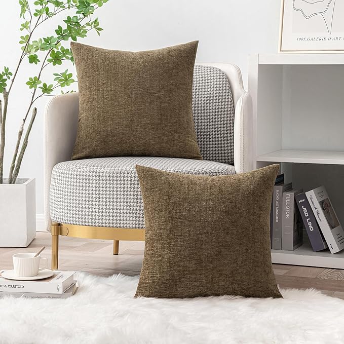 MIULEE Pack of 2 Coffee Throw Pillow Covers 20x20 Inch Soft Chenille Pillow Covers for Sofa Living Room Couch Solid Dyed Cases
