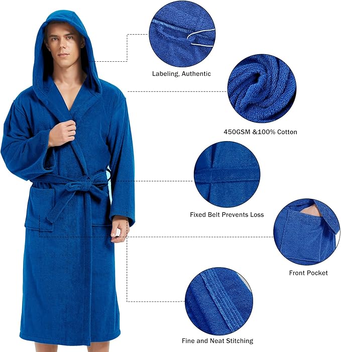 Mens Robe with Hood-Classic Terry Cloth Bathrobe for Men,Soft Knee Length Bathrobes