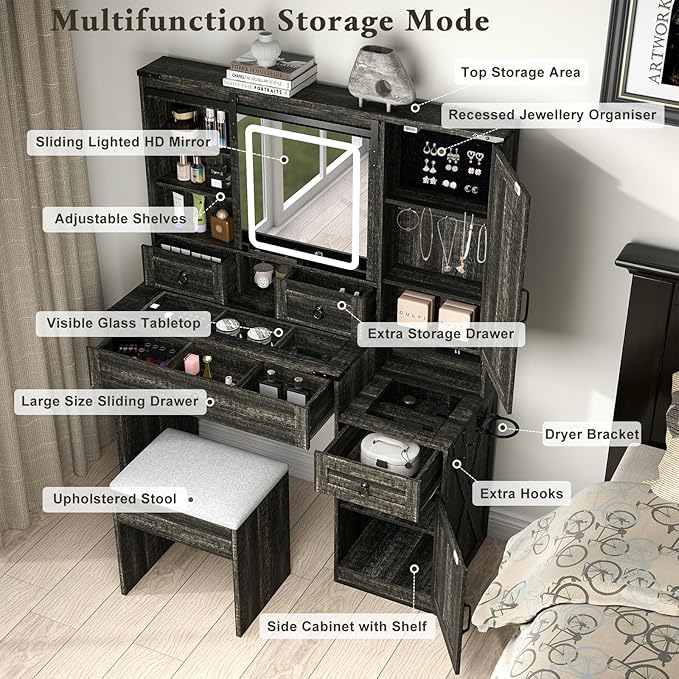 Farmhouse Makeup Vanity Desk with Sliding Mirror and Lights, 42" Glass Top Vanity Table with Charging Station & 4 Drawers & 2 Cabinets, Vanity Set for Bedroom, Dressing Table with Stool, Black
