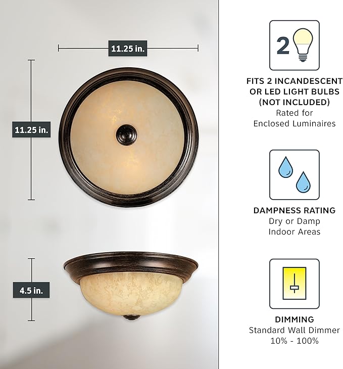 DESIGNERS FOUNTAIN Reedley 2-Lights Flush Mount Ceiling Light, 11 Inch Lighting Fixture for Kitchen, Bedroom, Bathroom, and Hallway, Amber Glass, Warm Mahogany, 1257S-WM-AM