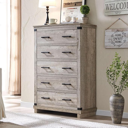 T4TREAM Farmhouse 5 Drawers Dresser for Bedroom, 48" Tall Wood Chest of Drawers w/Natural Texture & Metal Handle, Rustic Storage Dressers Organizer for Living Room, Hallway, Light Rustic Oak