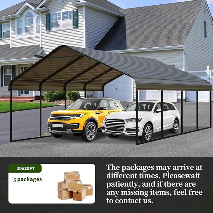 Heavy Duty 20x20 FT Carport Outdoor Yard Metal Carports Car Port for 2 Cars Galvanized Steel Roof & Frame Portable Garage Removable Sidewalls 20 x 20