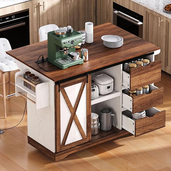 55'' Kitchen Island Cart on Wheels with Drop Leaf Countertop, Mobile Kitchen Island Carts with Power Outlet, Rolling Kitchen Table with Storage, Spice Rack, Towel Rack, and Drawer (White)