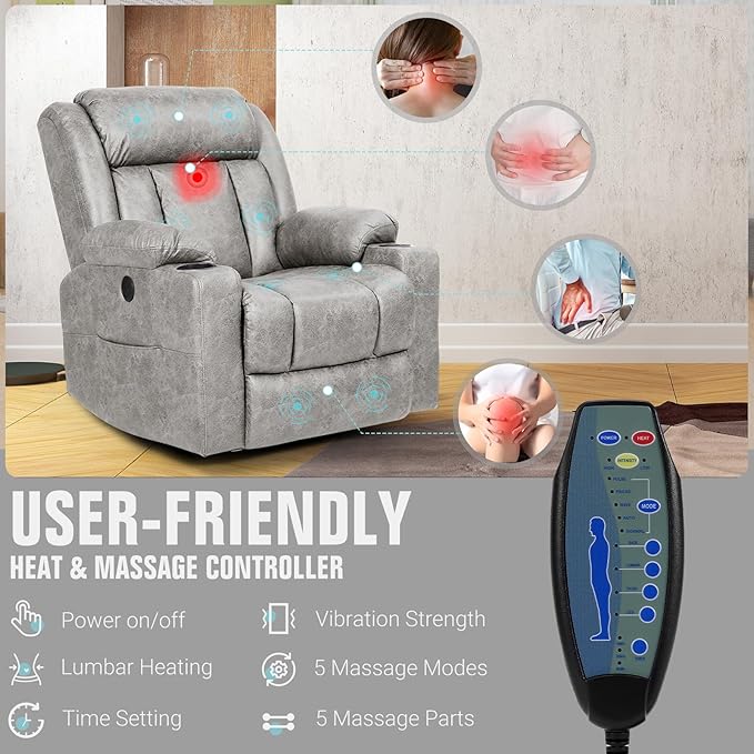LEVELEVE Retro Rocking Recliner Chair, Massage Rocker Recliner Chair with Vibration Massage and Heat, USB and Type-C Ports,360° Swivel Chairs, Living Room, Bedroom, Nursery, RV, Light Grey