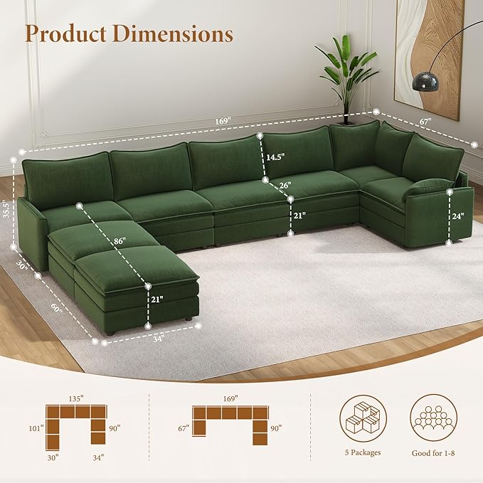 Vesgantti Large Modular Sectional Sofa, Big Comfy Cloud Couch with Ottoman Deep Seat Chenille Cloud Sofa, 8 Seater Large Sectional Couches for Living Room, Bedroom and Apartment, Green