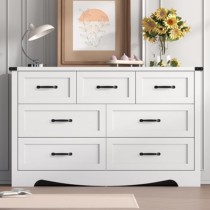 7-Drawer Dresser for Bedroom – 47" Wide Modern Wooden Chest with Natural Wood Texture, TV Stand & Storage, Metal Corner Brackets, Wood Drawer Organizer for Living Room, Hallway