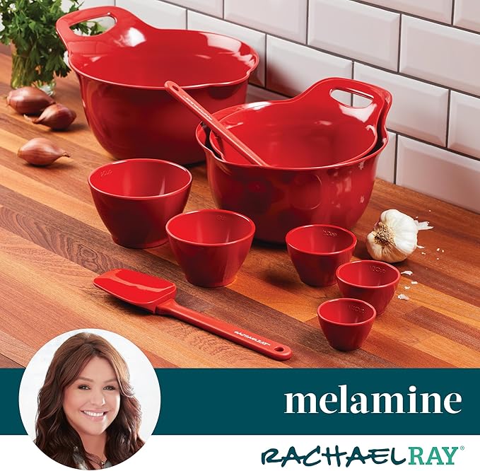 Rachael Ray Pantryware Nesting Mixing Bowls with Built-in spouts and Handles and Measuring Cups For Space-saving storage, Utensil Set, Dishwasher Safe, 10 Piece, Red