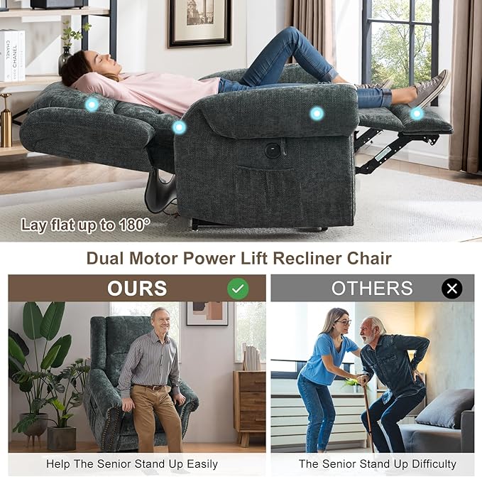 CDCASA Dual Motor Lay Flat Lift Chairs Recliners for Elderly with Massage and Heat, Upgraded Chenille Infinite Position Large Sleeping Power Lift Chair Recliner for Seniors, Set of 2,Grey Blue