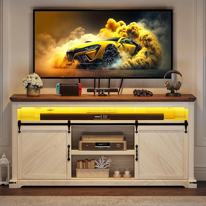 YITAHOME TV Stand for 75 Inch TV with Power Outlets, LED TV Stands Farmhouse Entertainment Center TV Media Console with Sliding Barn Doors for Living Room, Off White & Walnut Grain