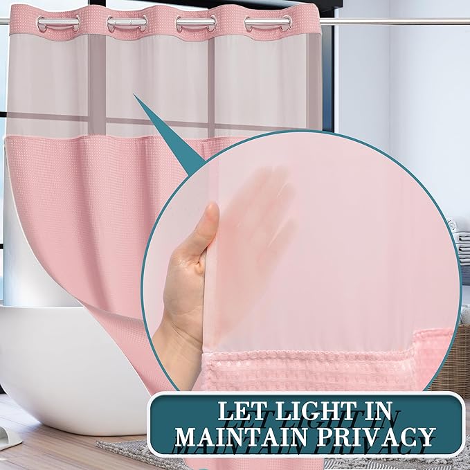 Extra Long No Hook Waffle Weave Shower Curtain with Snap in Liner Set, Hotel Luxury Pink Shower Curtains for Bathroom with See Through Top Window, Waterproof, Washable 71W x 84H