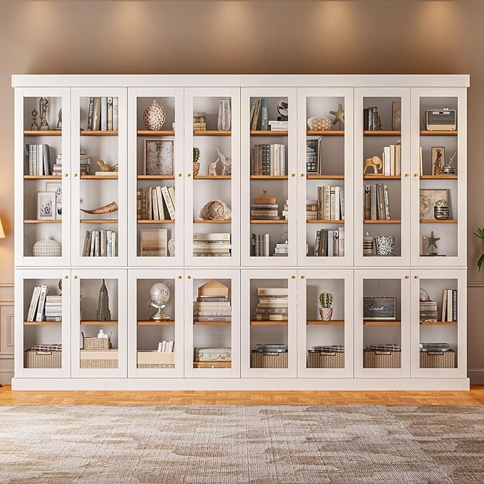 Vyre 70.8" Tall White Bookshelf with Glass Doors, Farmhouse Modular Bookcase with 6-Tier Adjustable Shelves, Large Storage Cabinet for Home Office, Living Room, Set of 4