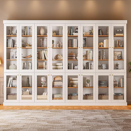 Vyre 70.8" Tall White Bookshelf with Glass Doors, Farmhouse Modular Bookcase with 6-Tier Adjustable Shelves, Large Storage Cabinet for Home Office, Living Room, Set of 4