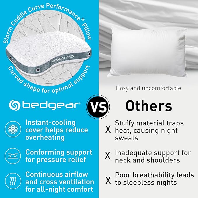 Bedgear Storm Cuddle Curve Performance Pillow - Size 2.0 - Cooling Bed Pillow for Side Sleepers - Medium Firmness- Washable and Removable Cover - 20" W x 26" L