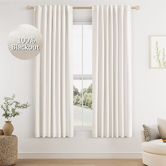 Guken Ivory Linen Blackout Curtains 63 Inch Length 2 Panels Set for Living Room Bedroom Back Tab Thermal Insulated 100% Black Out Linen Drapes Room Darkening Window Curtains 63 Inches Long