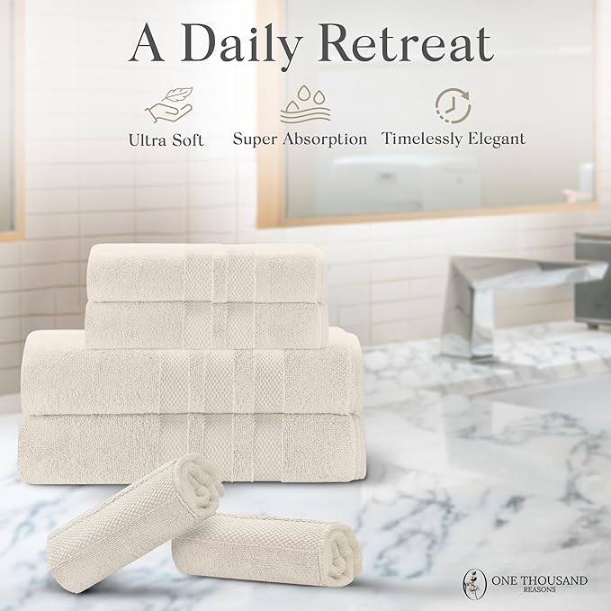 Zero Twist Bathroom Towel Set - Luxury Bath Towel Sets for Bathroom, Hands, and Washcloths - Quick Dry and Absorbent - 6 Pieces, 3 Stripe, Sand