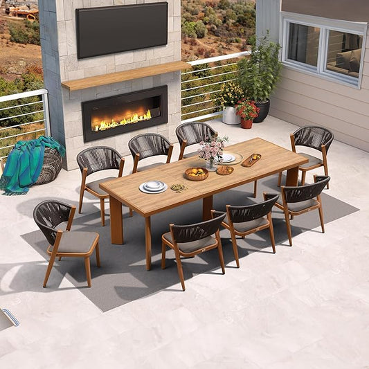 PURPLE LEAF 8-Piece Patio Dining Set Outdoor Furniture Rectangular Table and Chairs Set with Aluminum Frame and Teak-Finish for Garden Deck Backyard Kitchen Deep Teak Outdoor Set