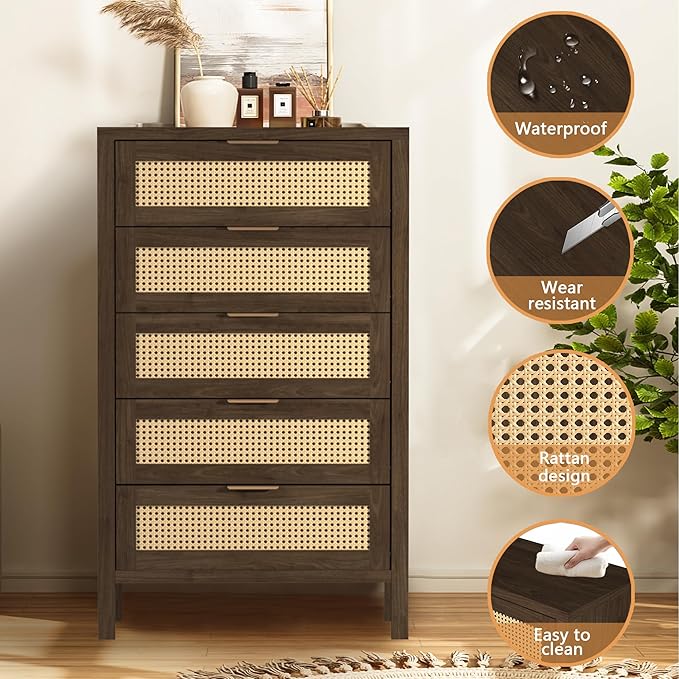 Wood 5 Dresser for Bedroom, Wide Rattan Drawer with Gold Handle for Bed Room, Hallway, Brown Oak