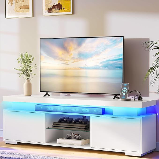 YITAHOME White TV Stands for Living Room, TV Stand for 65 inch TV, Entertainment Center with Storage,Modern TV Stand with Power Outlets & LED Light, TV Console Cabinet, White