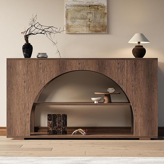 Sofa Console Table with Storage, 55" Farmhouse 3-Tier Hallway Wood Table for Living Room, Hallway, Foyer, Brown Oak